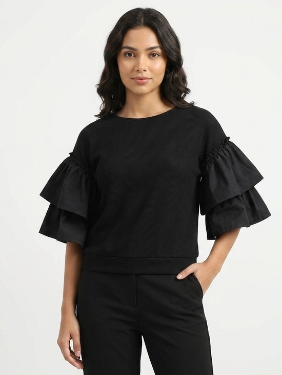 Yvette Tops - Black Ruffle Blouse Size 2 Bohemian Avant Garde Spanish Monochrome Knit